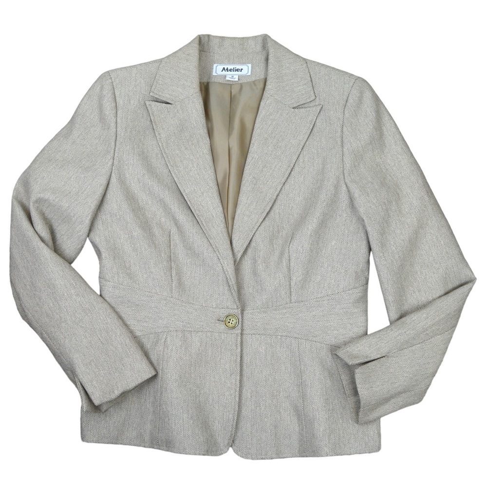 Atelier One Button Herringbone Blazer Neutral Beige Tailored Career Jacket 10
